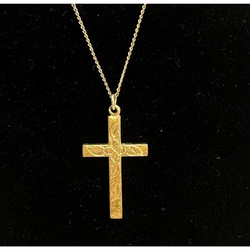 Vintage Gold-Filled Etched Cross Pendant Chain Necklace W.E.H